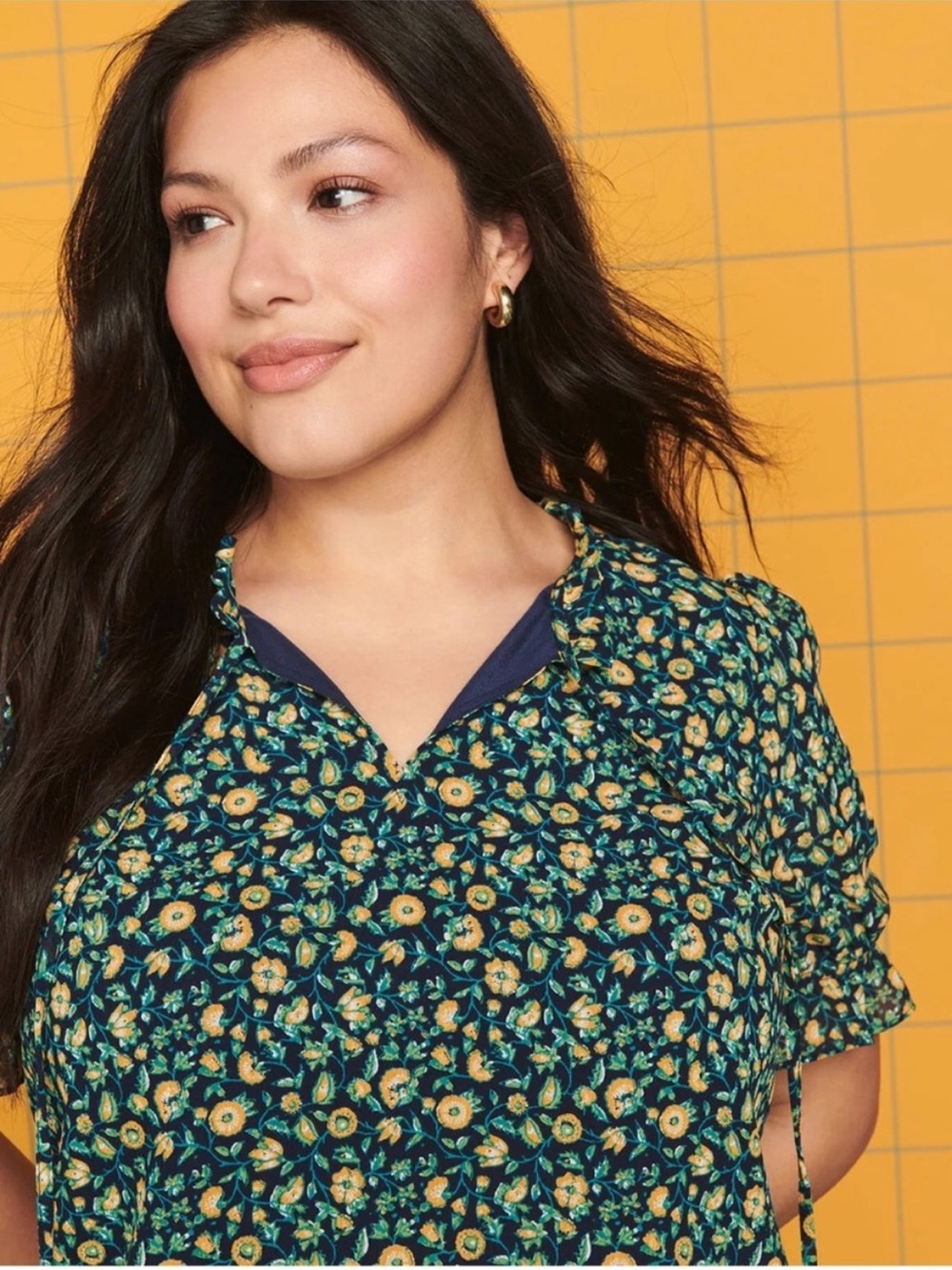 J.Crew Floral Ruffle Neck Blouse Small Blue Yellow Short Sleeve Top